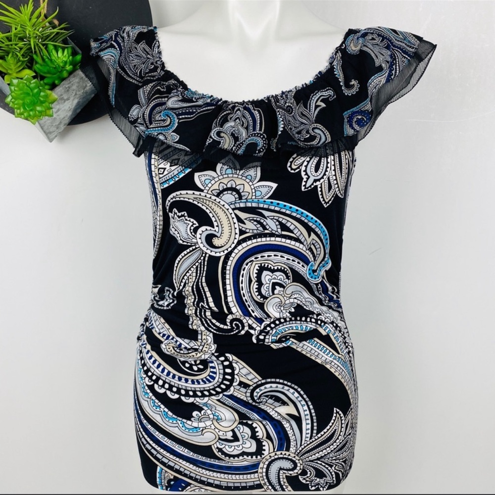 WHBM Paisley Ruffled Neckline - XSSmall-Black/Blue